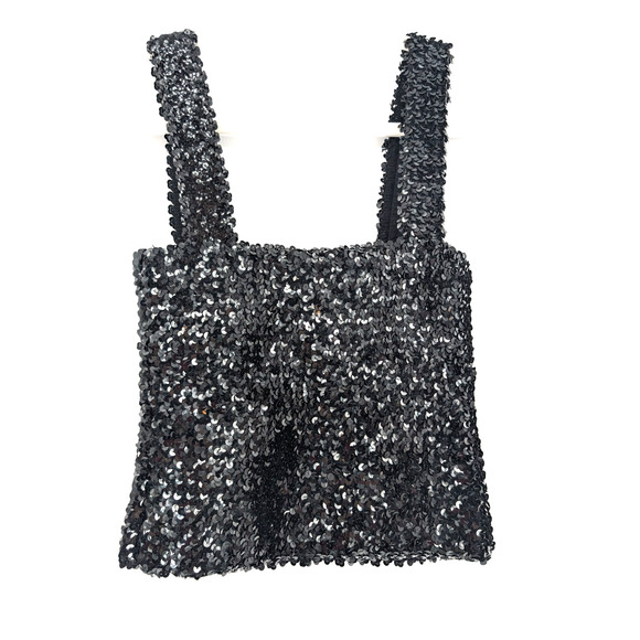 Black Sequin Square Neck Stretch Knit Glam Sparkly Whimsigoth Fairy Bling Tank - Picture 4 of 8